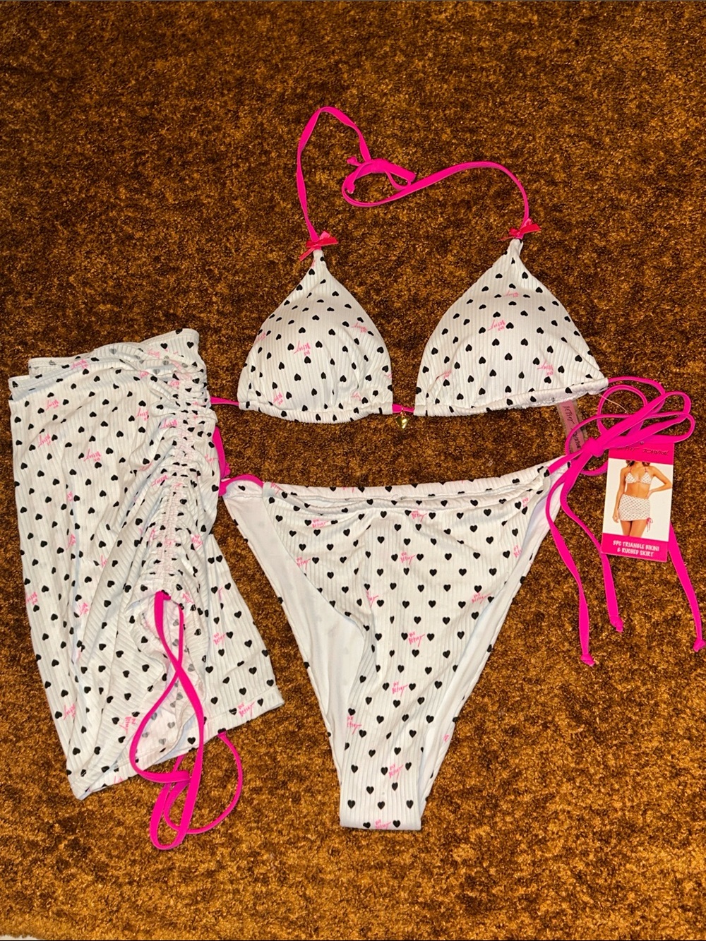 Betsey Johnson White Heart-Print Bikini with Hot Pink Ties and Matching Sarong